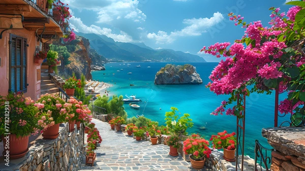 Fototapeta Beautiful Resort Promenade with Blooming Colorful Oleander Trees for Relaxation and Scenery