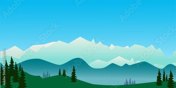 Fototapeta Tropical forest mountain landscape fit for background backdrop. Mountain vector design with blue background. Modern vector design.