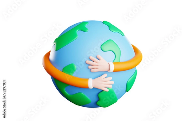 Fototapeta Happy Earth Day. 3D cartoon hand hugging the earth. World environment day concept, save the earth, protect the environment and green life, 3D illustration.