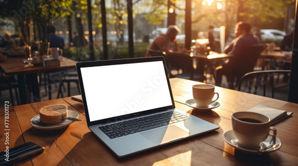 Fototapeta Mockup image of laptop with blank white screen and coffee cup on wooden table in outdoor cafe