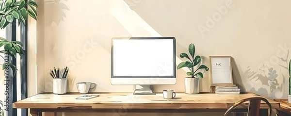 Fototapeta Minimalist and Serene Home Office Workspace with Laptop and Natural Decor