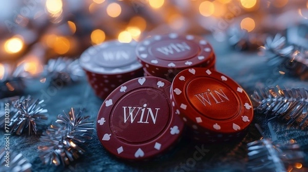 Fototapeta casino chips with the text "WIN" on them, on an elegant table decorated for Christmas, with a soft bokeh background