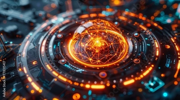 Obraz Futuristic AIdriven nuclear reactor core, glowing with energy, surrounded by advanced robotics and digital interfaces
