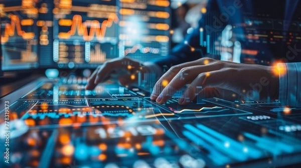 Obraz Businessman working in front of a futuristic interface with holographic data keyboard . Technology and business concept.