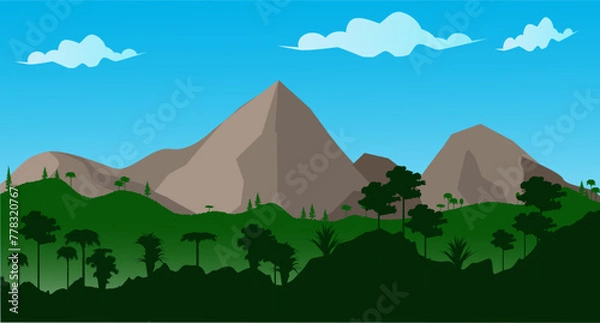 Fototapeta Tropical forest mountain landscape fit for background backdrop. Mountain vector design with blue background. Modern vector design.