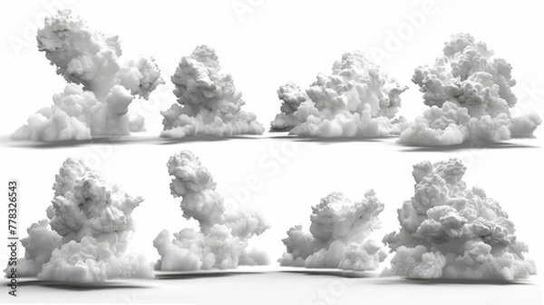 Obraz Shapes of abstract white clouds. Clip art isolated on a white background. Cumulus in different perspectives.