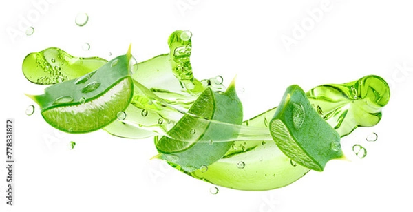 Obraz Green aloe vera gel flowing with aloe slices isolated on white background