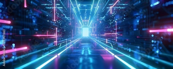 Fototapeta Digital futuristic technology abstract banner background illuminated by vibrant neon lights, forming a dynamic and interconnected network of systems	

