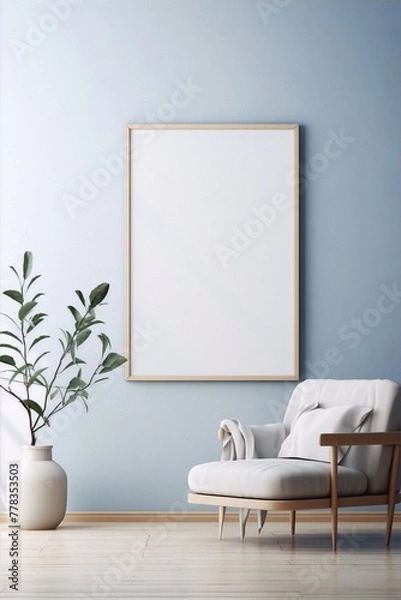 Obraz Empty frame, light blue wall, modern armchair, plant.
