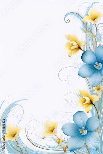 Obraz Delicate blue and yellow flowers, swirling patterns on a light background.
