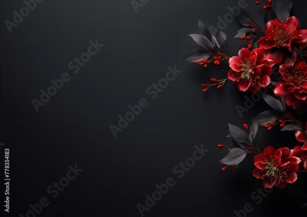 Obraz Elegant red flowers and dark leaves on black background, perfect for a minimalist, moody, and romantic design. 
