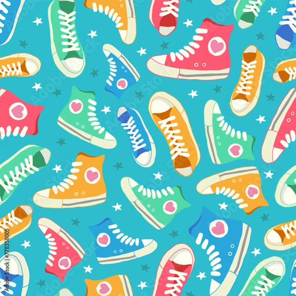 Fototapeta Retro Sneakers pattern on blue background. Seamless pattern with colorful shoes. Hand drawn vector illustration.