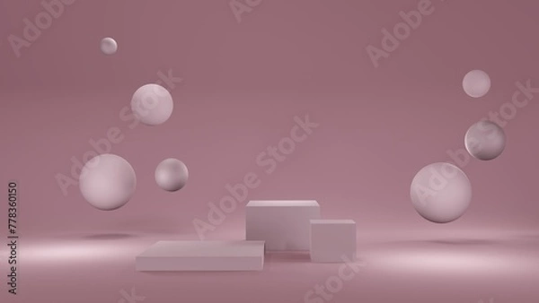 Obraz Pastel pink mockup with podium for cosmetics, creams, lotions .Pink and white round stage, pedestal or podium and water and glass bubbles or spheres. background advertisement. Background or mock up
