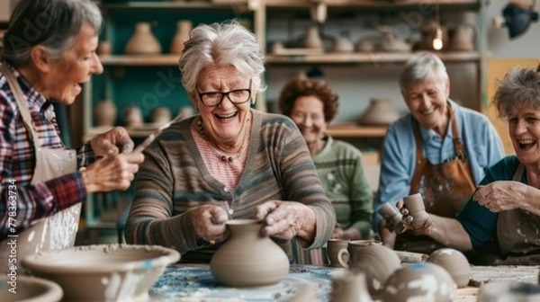 Fototapeta A lively group of elderly women share laughter and stories while crafting pottery, embracing creativity and companionship in a workshop.