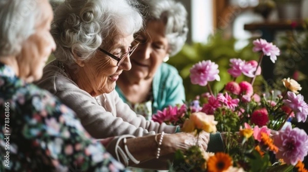 Fototapeta Seniors Enjoying a Creative Flower Arranging Class. A group of seniors delight in the art of flower arranging, sharing smiles and floral beauty in a communal learning experience.