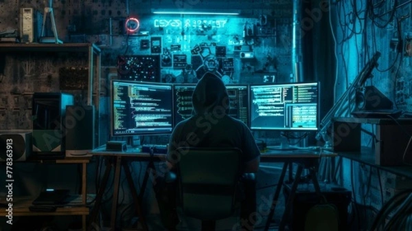 Obraz A solitary figure orchestrates cyber operations in a darkened room, backlit by an array of screens showcasing real-time data streams and hacking tools..
