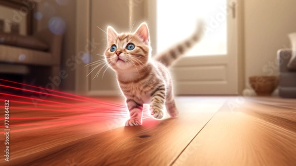 Fototapeta Playful kitten chasing laser light on wooden floor. Pet playtime and domestic cat fun concept for design and social media. Indoor animal photography with natural light