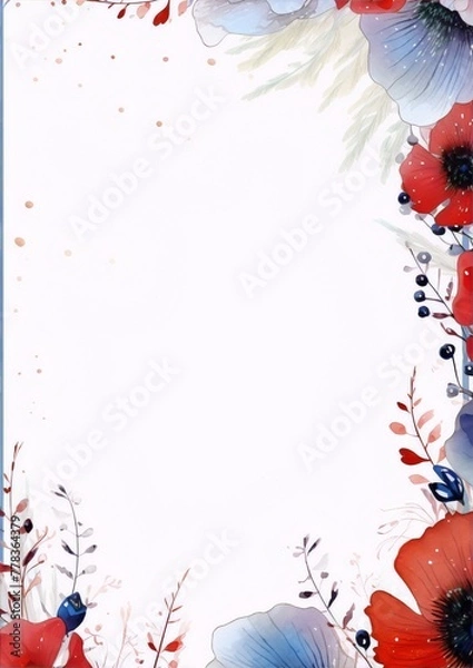 Obraz watercolor floral frame in blue and red with white background