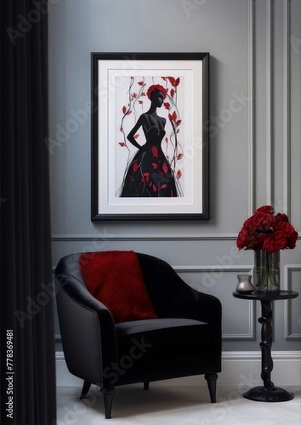 Fototapeta A black woman wearing a red rose dress stands in a gray room with a red armchair and a vase of red roses.