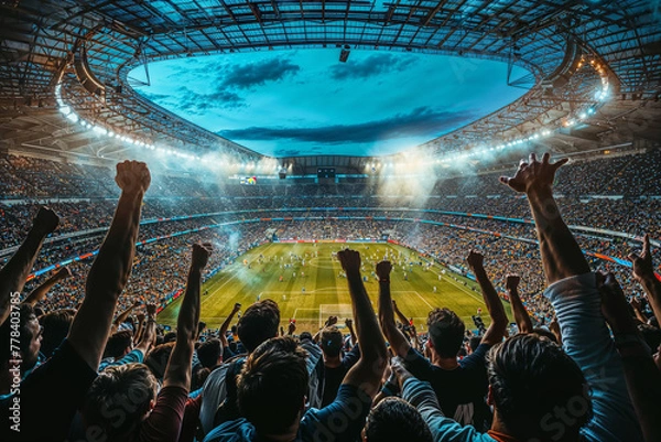 Fototapeta Stadium crowd celebrates soccer victory at night. Generative AI