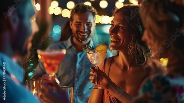 Fototapeta Friends enjoy vibrant cocktails at a lively gathering, creating a festive atmosphere. The shallow depth of field captures their moment of cheer.