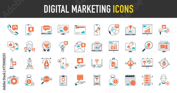 Obraz Digital marketing icons set. Such as seo, content, website, social media, sales, online advertising, notification, contact, viral, wifi, discount, survey, increase, global, mail vector icon collection
