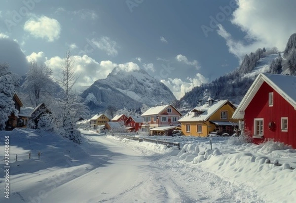 Fototapeta A house in the mountains with snow	
