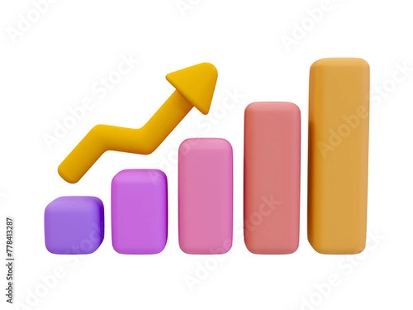Fototapeta 3d minimal data analysis. colorful statistic bar chart with an arrow rising. 3d illustration.