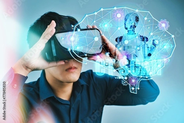 Fototapeta A man is wearing a blue shirt and holding a virtual reality headset. The image is of a brain with a robot inside of it. Scene is futuristic and technological Concept of AI  tech trends.