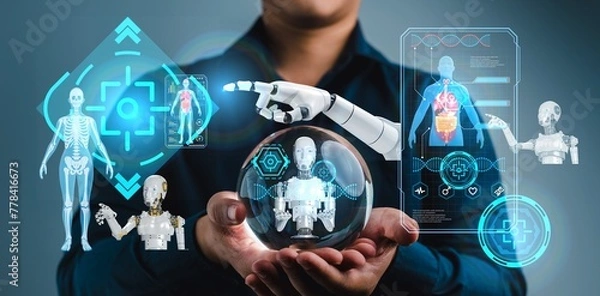Fototapeta A person is holding a ball with a robot on it. The robot is surrounded by other robots and a skeleton. The image conveys a futuristic and technological atmosphere