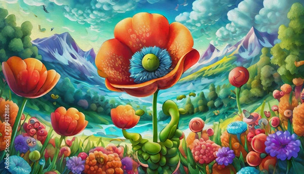 Fototapeta oil painting style CARTOON CHARACTER CUTE red poppy isolated on white background, top view. side front, flower