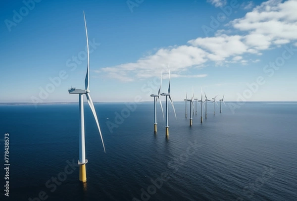 Fototapeta Offshore Windmill farm in the ocean with clouds and a blue sky, energy power production concept