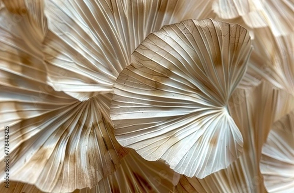 Fototapeta Beige Aesthetic Dried Leaves Delicate Background. Soft Wallpaper Texture of Transparent Macro Paper Leaves.