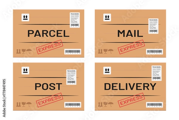 Obraz post mail parcel cardboard box packages side view set vector flat illustration