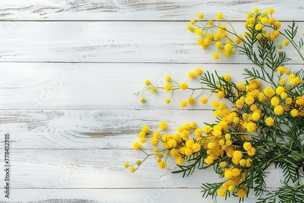 Obraz Mimosa flowers with copyspace for text on wooden table