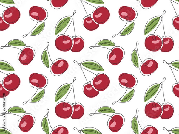 Fototapeta Cherry seamless pattern. Line drawn juicy cherries berries background. Abstract summer fruit illustration.Pattern for packaging design, wallpaper, cover, fabric print