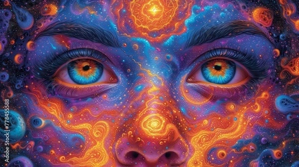 Fototapeta a close up of a person's face with blue eyes and an orange and blue pattern on their face.