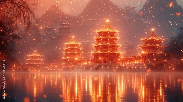 Fototapeta a large body of water with a building in the middle of it and a lot of lights on top of it.