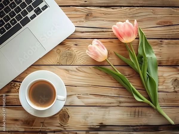 Obraz Macbook and Tulip on Rustic Wood Desk Inspiring Workspace for Creative Professionals