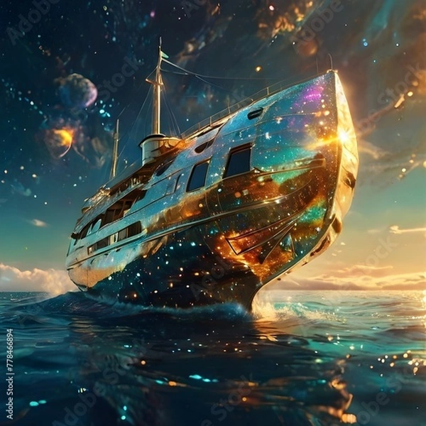 Fototapeta A luminous solar sailer its hull gleaming with golden