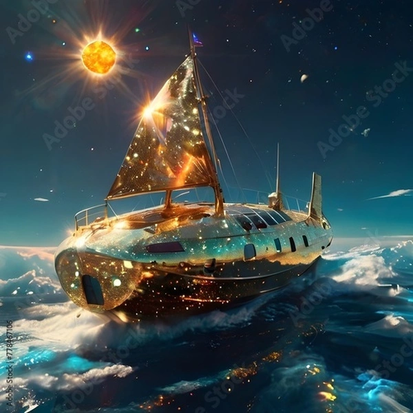 Fototapeta A luminous solar sailer its hull gleaming with golden