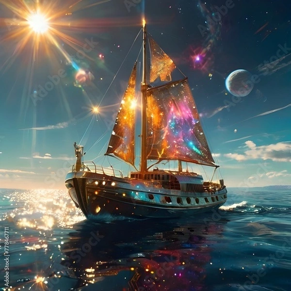 Fototapeta A luminous solar sailer its hull gleaming with golden