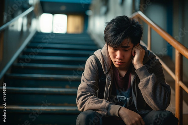 Fototapeta Image of an ethnic Asian student sitting on the stairs of his school, grieving because he is being bullied or because he failed an exam. Generative Ai.