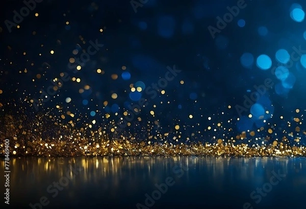 Fototapeta A luxurious abstract background awash in deep navy blue. Golden, twinkling particles dance across the scene, some with a soft blue glow. Delicate gold foil