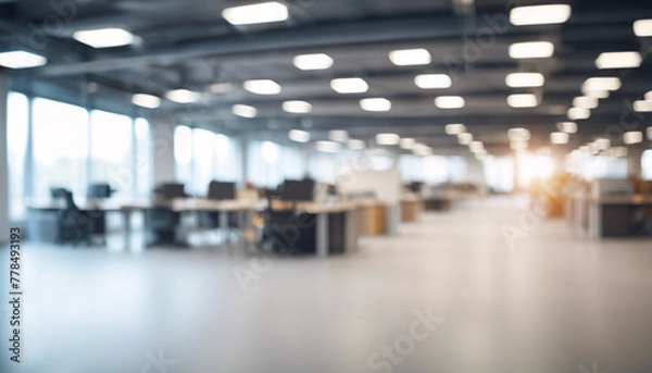 Fototapeta Defocused Modern Office Interior with Stylish Furniture, Bright Lighting, and Open Space, Featuring Abstract Design and Urban Architecture for Corporate, Business, and Professional Workspaces