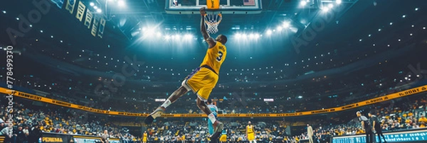 Fototapeta NBA player in a yellow and white uniform dunks on the basketball court