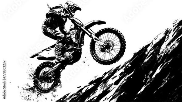 Fototapeta A motocross rider performs a wheelie on a steep mountain slope, portrayed in a dynamic black and white illustration highlighting the thrill of extreme sports.