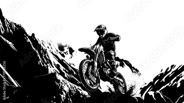 Fototapeta A motocross rider performs a wheelie on a steep mountain slope, portrayed in a dynamic black and white illustration highlighting the thrill of extreme sports.