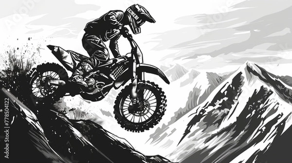 Fototapeta A motocross rider performs a wheelie on a steep mountain slope, portrayed in a dynamic black and white illustration highlighting the thrill of extreme sports.