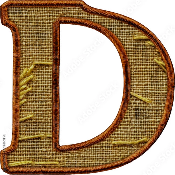 Fototapeta Embroidered patch of the letter 'D' in red and golden stitching cut out on transparent background